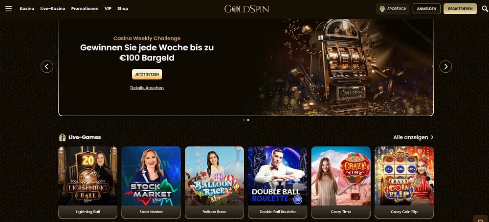 Goldspin homepage screenshot.