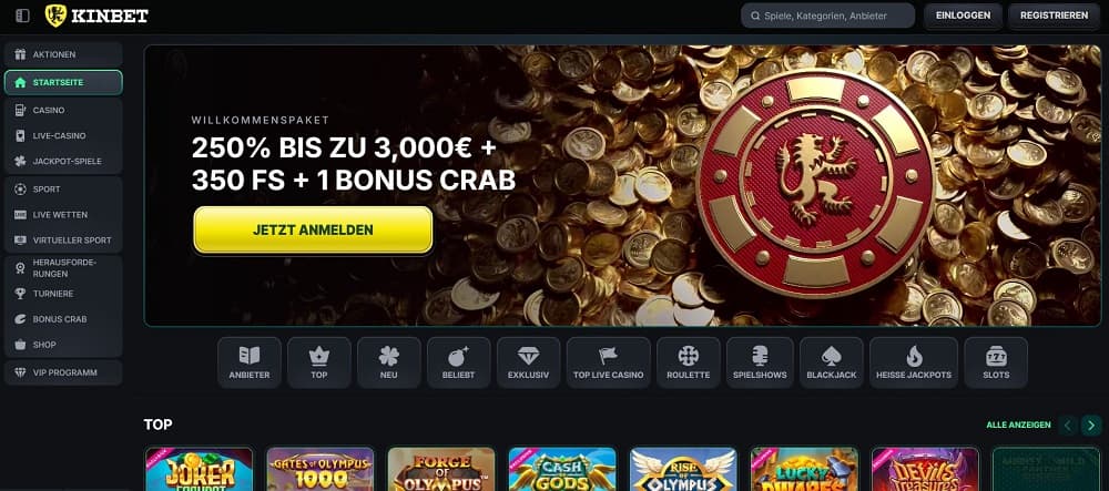 Kinbet Casino homepage screenshot. Krypto Casino.