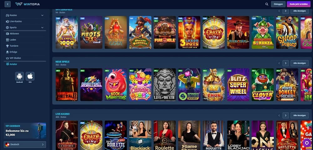 Wintopia Casino homepage screenshot. Krypto Casino.